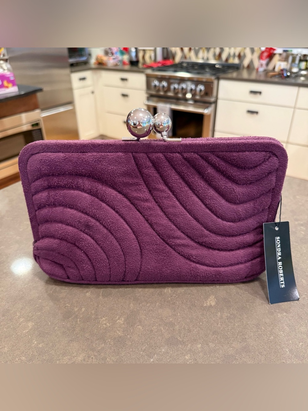 Sondra Roberts Plum Quilted Wristlet with Silver Ball Clasp